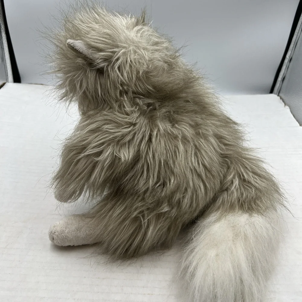 Folkmanis Fluffy‎ Cat Plush Hand Puppet Gray Long Hair Full Body Moveable Mouth